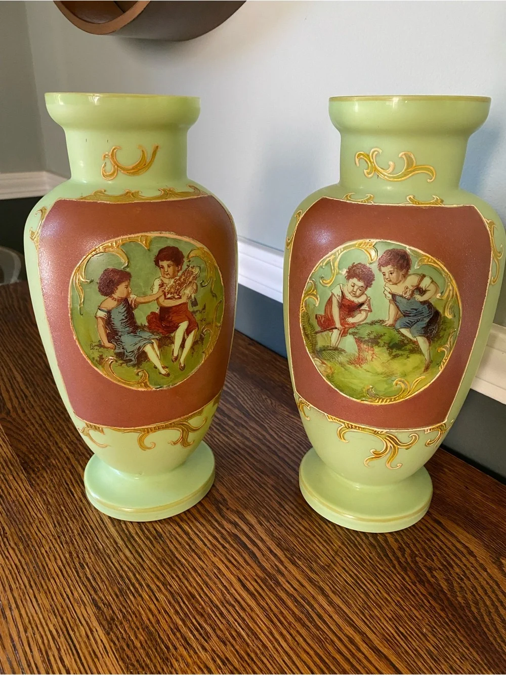 Early 20th Century French Mint Green Art Glass Vases Hand Painted Raised Gilt